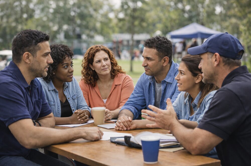 Community members and parents in a focused discussion around a table
