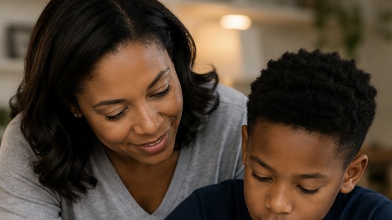 A mother helping her son with schoolwork at the kitchen table