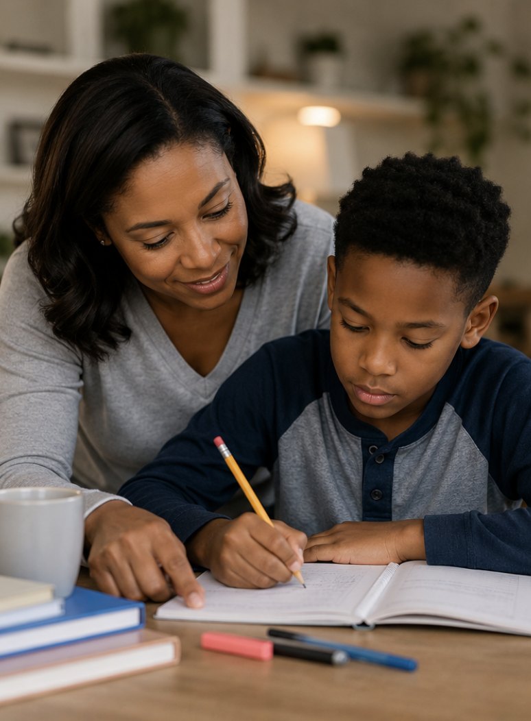 A mother sitting beside her son, encouraging him as he writes in a notebook
