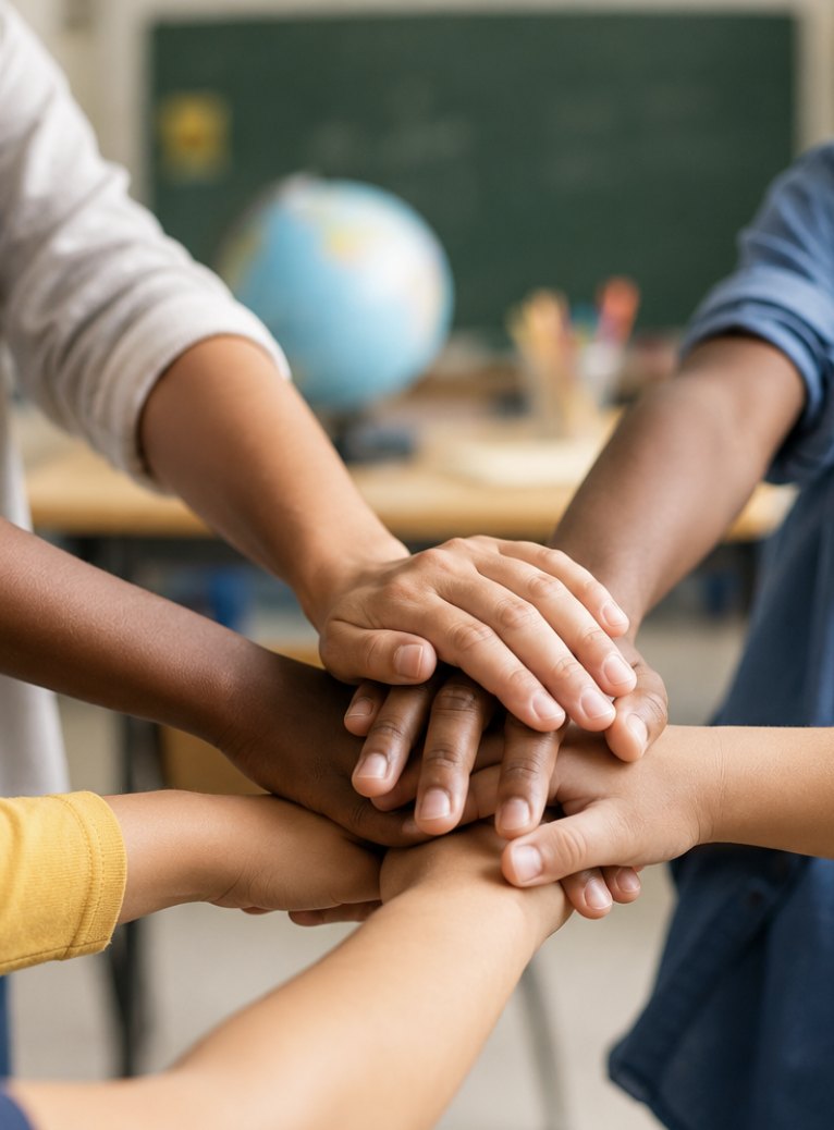 Students and adults stacking their hands together in a classroom