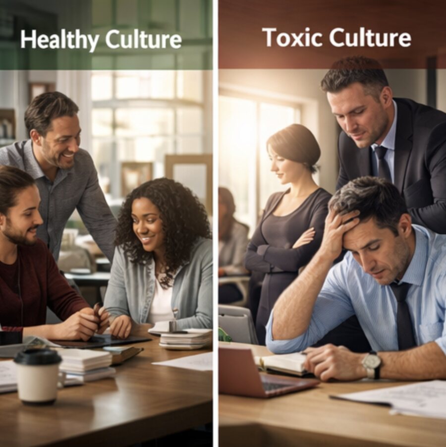 A split image contrasting a healthy, collaborative culture with a toxic, high-pressure one