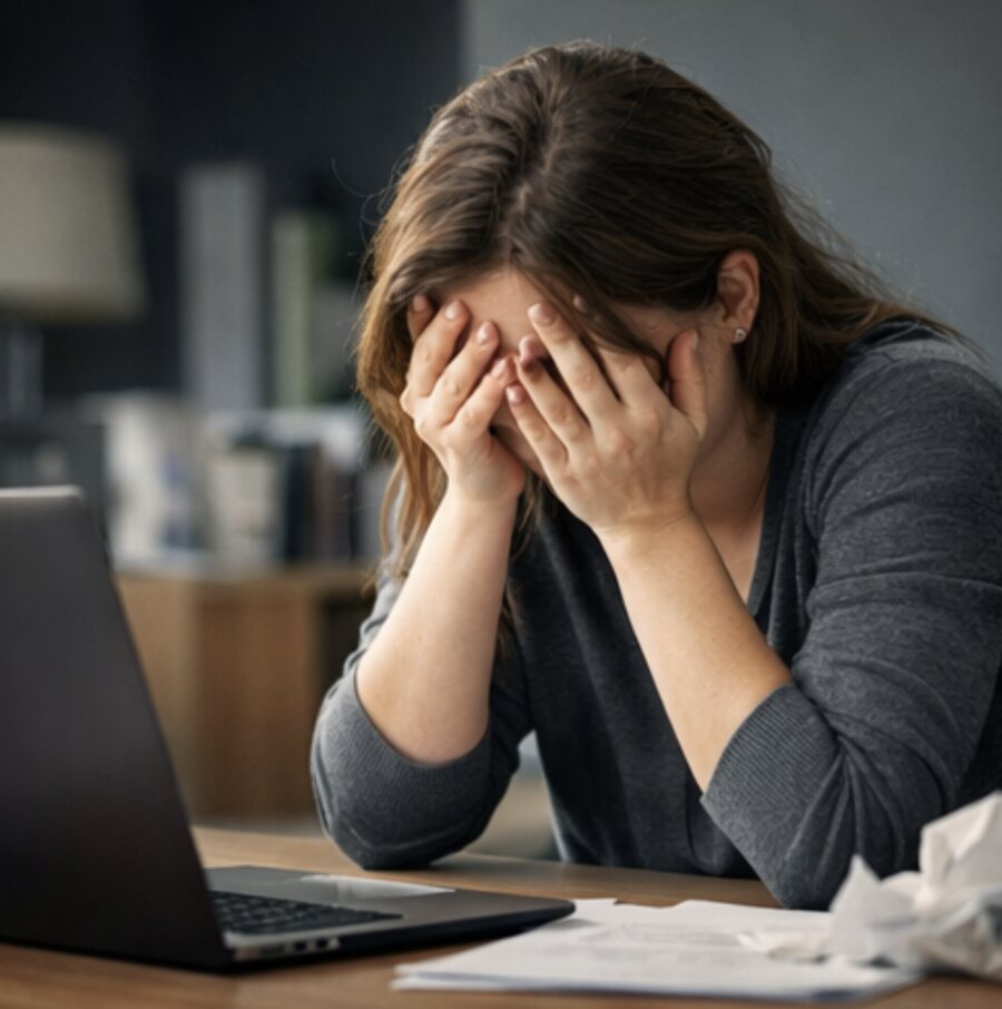 A person sitting at a laptop with their head in their hands