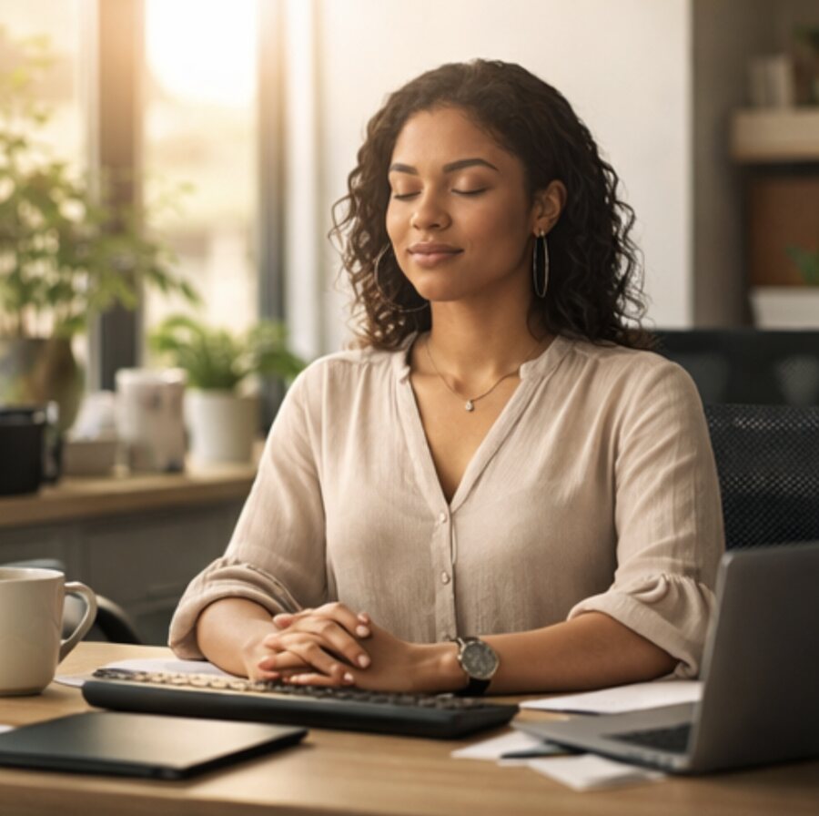 A woman sitting calmly at her desk with her eyes closed, hands folded