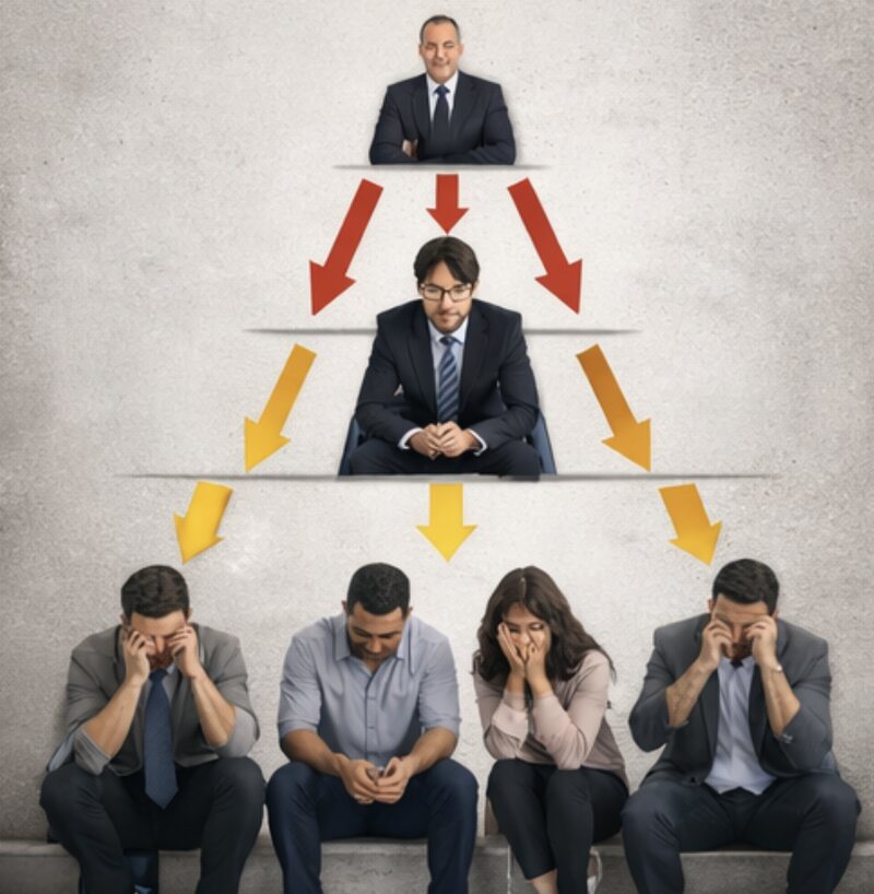 A diagram showing pressure cascading downward from an executive through a manager to stressed employees