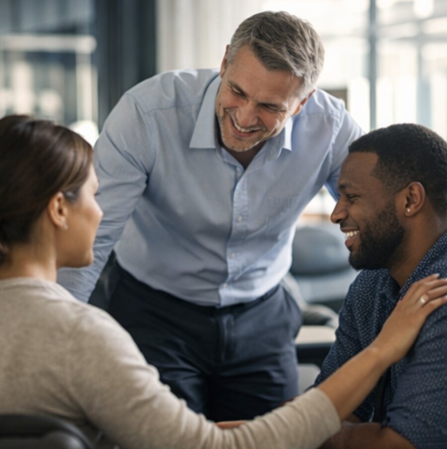 A leader smiling and speaking supportively with two seated team members
