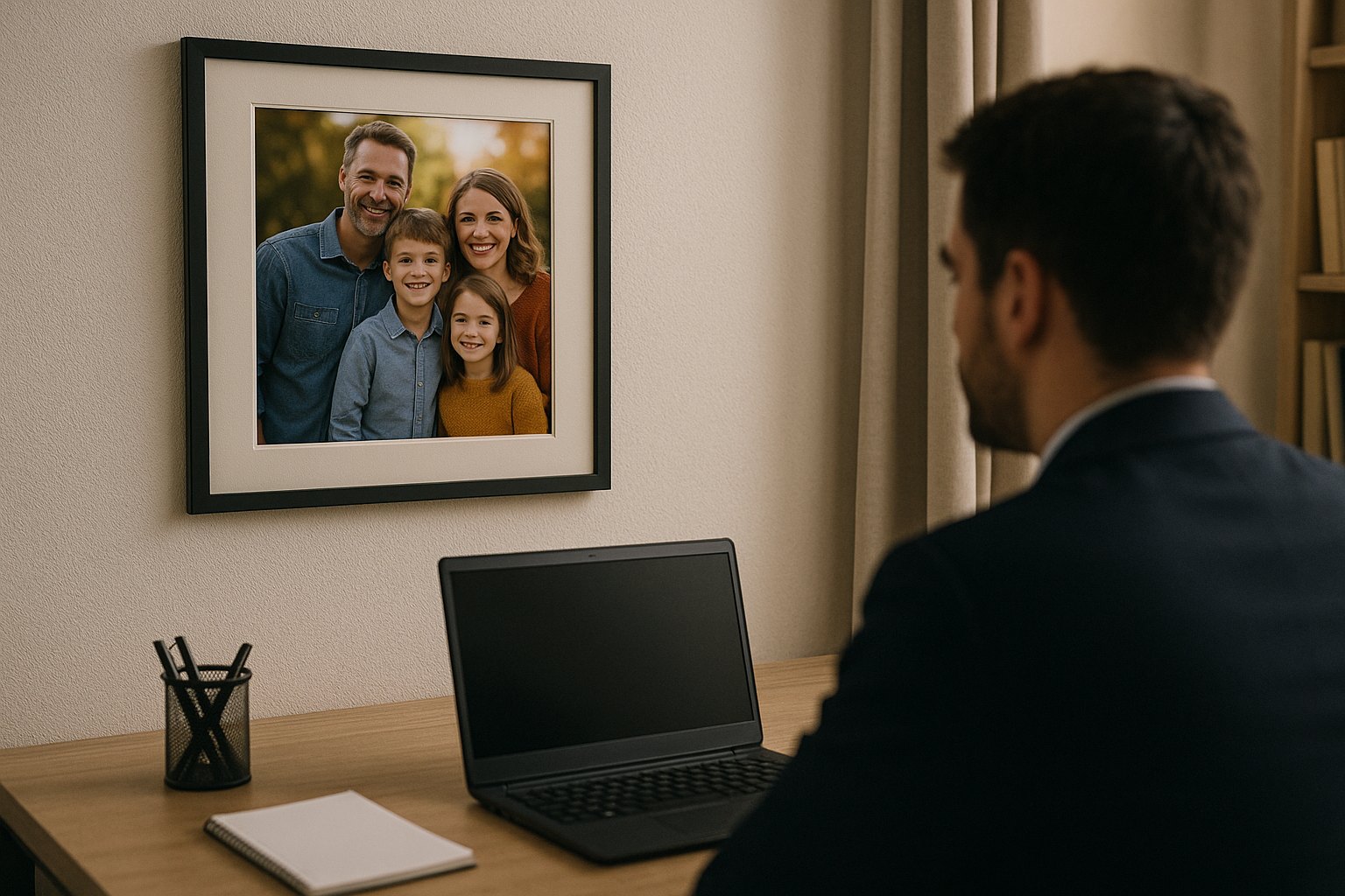 A man at his desk looking at a framed family photo on the wall