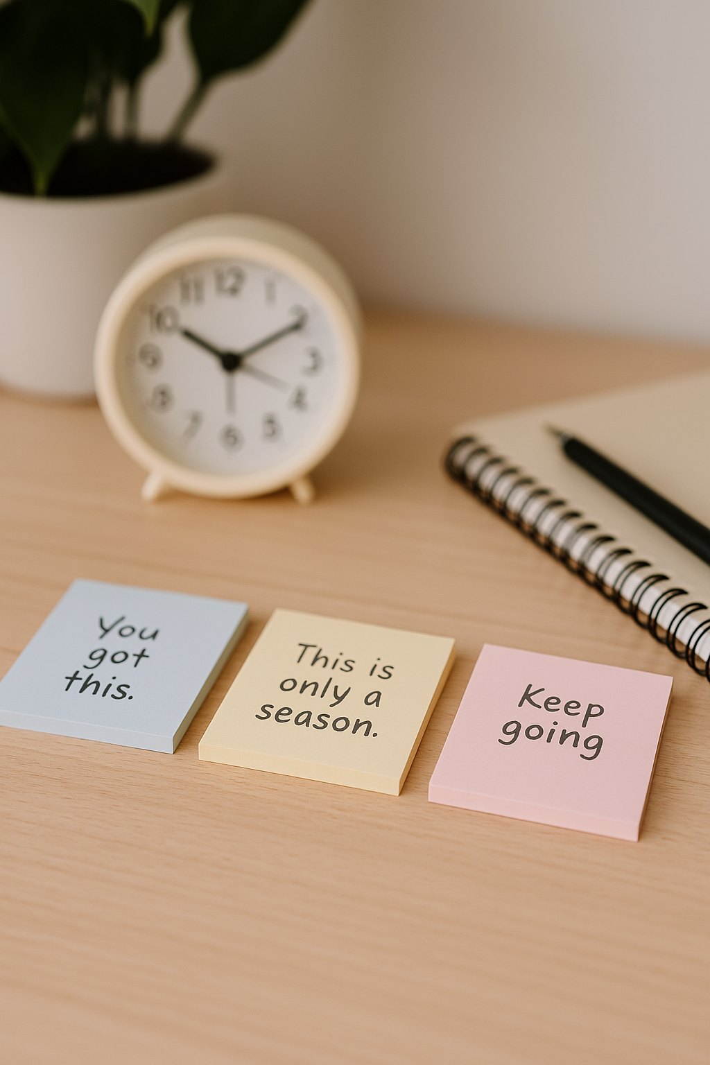 Three sticky notes on a desk reading you got this, this is only a season, and keep going