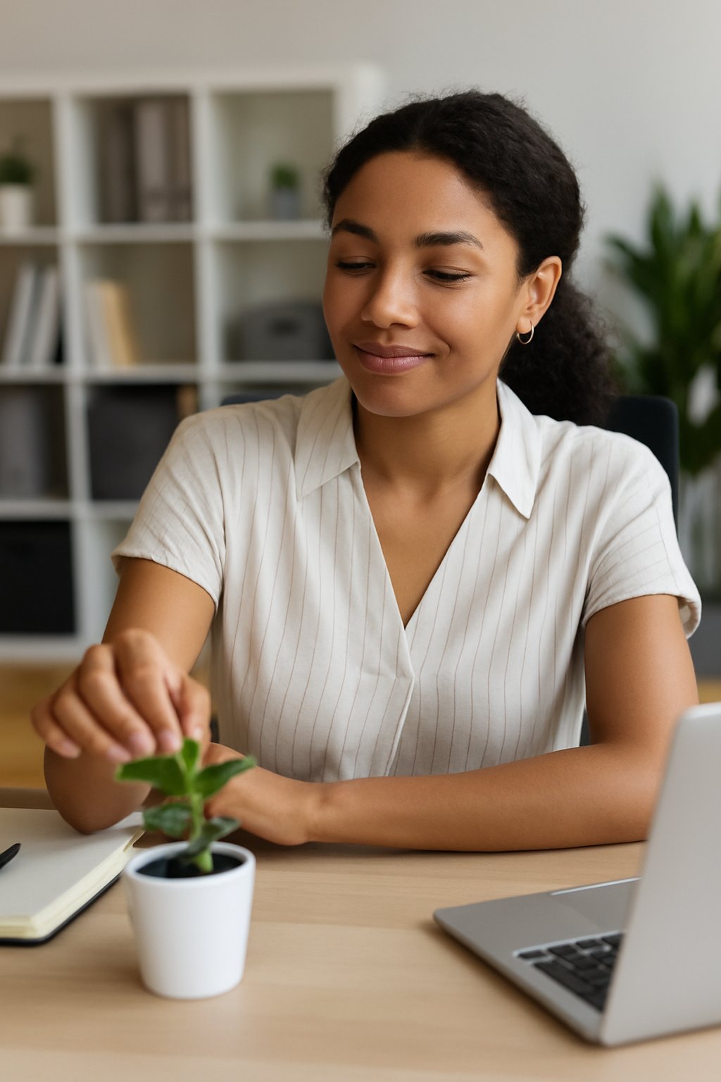 A woman smiling gently at her desk while tending to a small potted plant