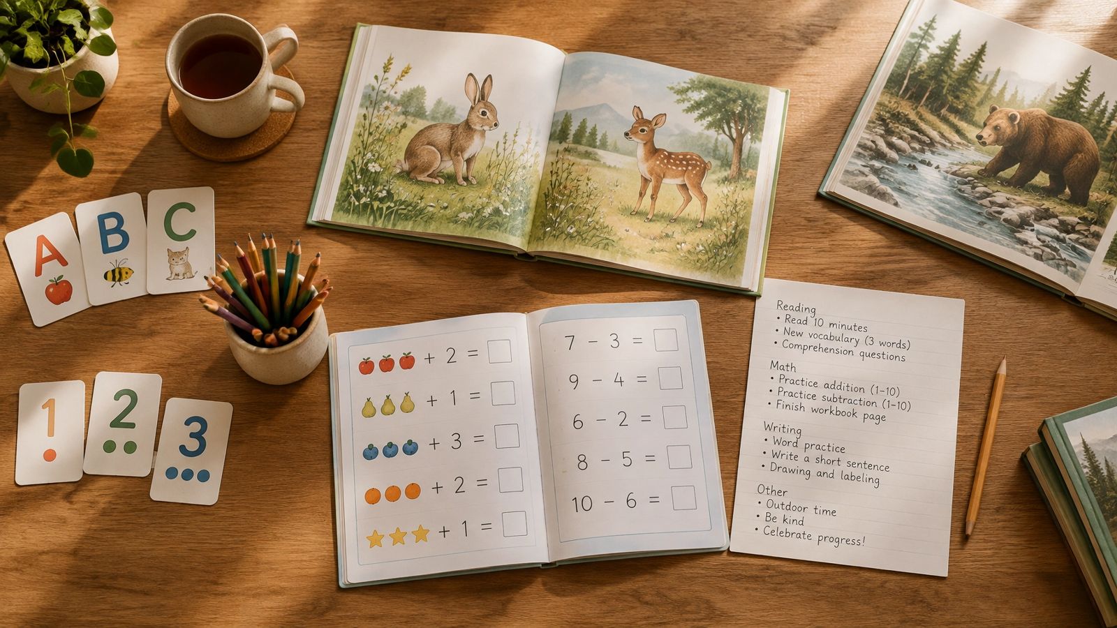 A wooden desk arranged with children's reading books, a math workbook, alphabet and number cards, and a handwritten learning plan