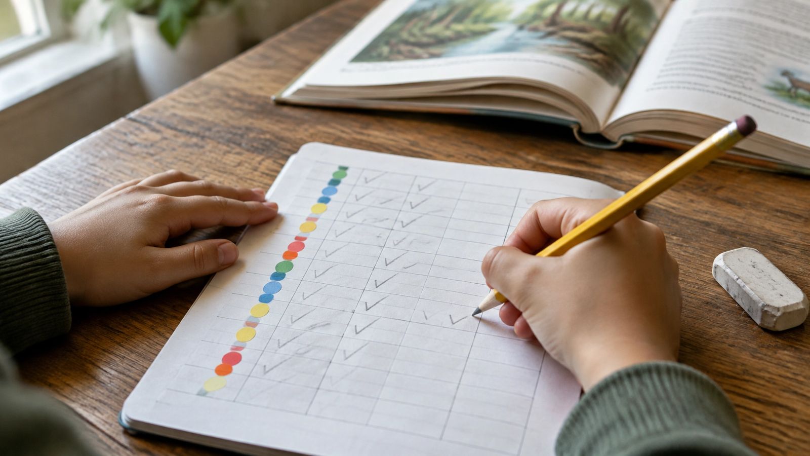 A child's hands marking completed goals with sticker dots in a progress notebook beside an open reading book