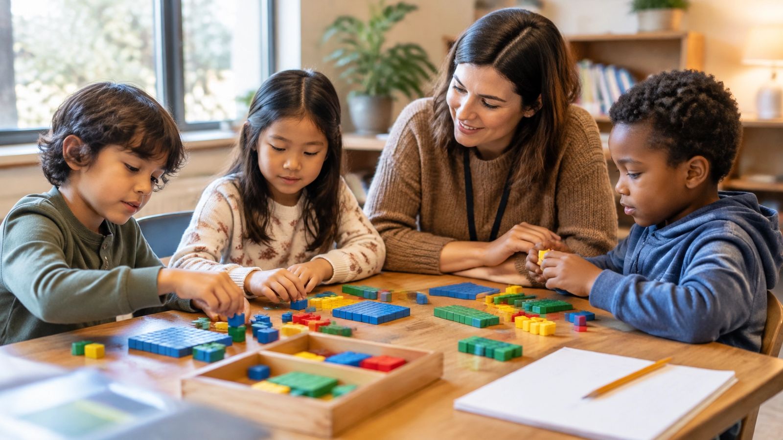 Three elementary-age students using counting blocks with an academic coach around a wooden table